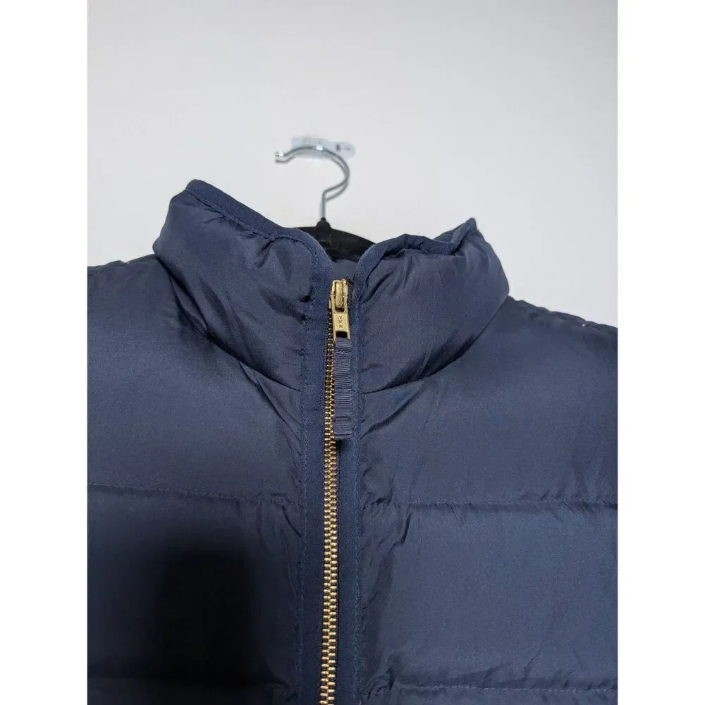 J.Crew Mountain Down Puffer Vest Navy Gold Zip Side Zip Medium H1622 Preppy